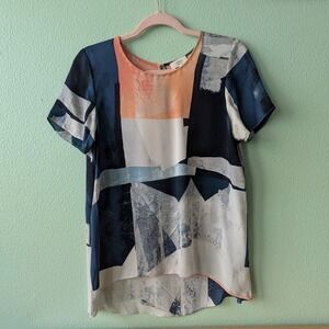 Wilfred Aritzia 100% Silk Abstract Geometric Print Blouse Navy Peach Shirt